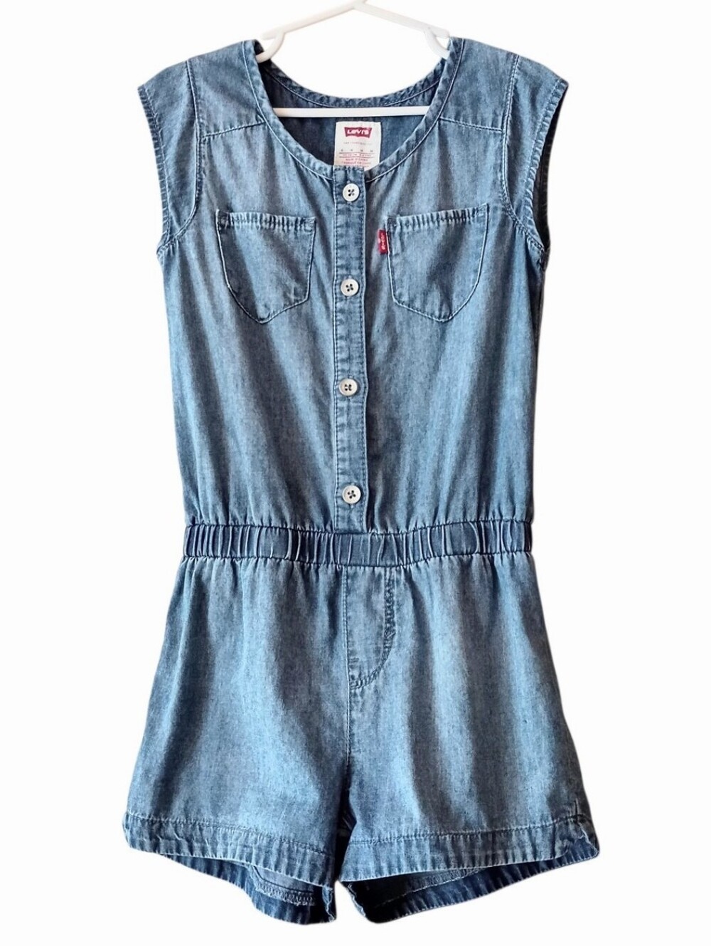 LEVIS Girls Romper Cotton Chambray Blue Shorts Sleeveless Lightweight Sz 6